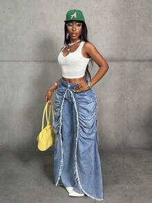 Slaydiva 女士褶皱时尚设计毛边宽松牛仔裤 - 藍色 - 查看 5