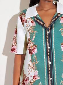 SHEIN SXY 大码女式印花短袖衬衫和阔腿裤休闲两件套 - 彩色 - 查看 7