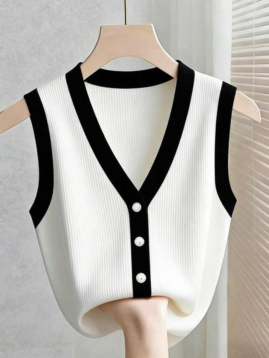 Selianne Áo tank top dệt kim ôm dáng, cổ chữ V, phối màu đen trắng, cài cúc, dành cho nữ, thích hợp cho mùa xuân/hè. - Đen và trắng - Xem 1