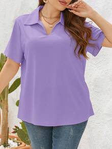 SHEIN Essnce Camiseta de manga corta con cuello polo de unicolor informal de talla grande - Púrpura malva - Ver 5