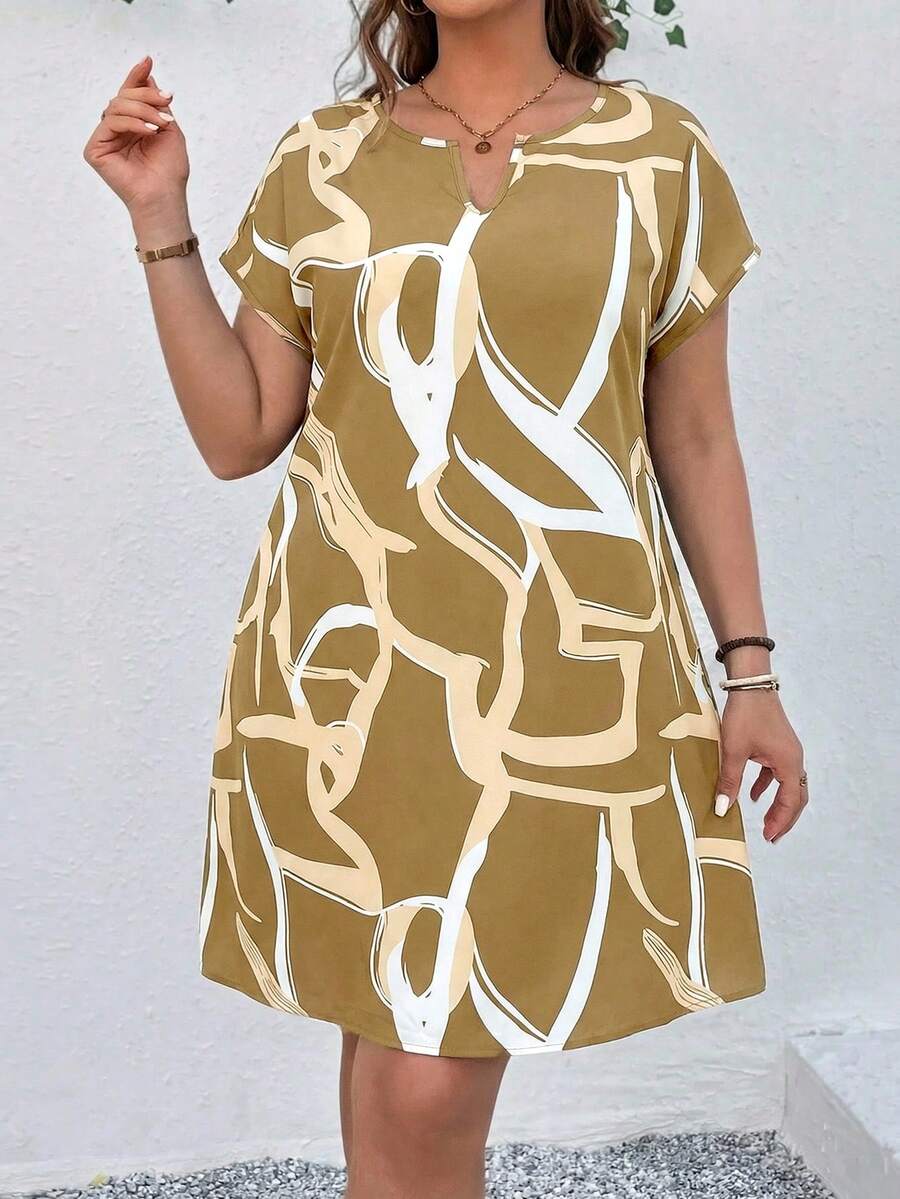SHEIN LUNE Đầm ngắn tay in họa tiết bất đối xứng cỡ lớn, kiểu dáng thường ngày, thích hợp cho mùa hè. - màu nâu - Xem 1