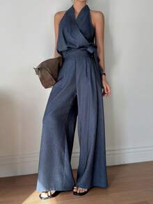 DAZY Women's V-Neck Sleeveless Side Tie Elegant City Casual Loose Jumpsuit - Blue - View 1