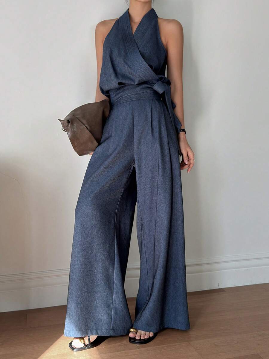 DAZY Women's V-Neck Sleeveless Side Tie Elegant City Casual Loose Jumpsuit - Blue - View 1