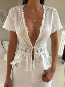 DAZY Women's V-Neck Short Sleeve Waist Cinched Vacation Blouse - White - View 6