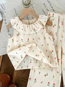 Emery Rose Kids Emery Rose Kids 2pcs Young Girl Ditsy Floral Ruffle Trim Top And Loose Fit Pants Set - Apricot - View 7