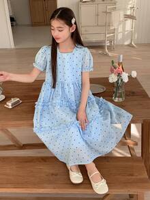 DAZY Girls' Polka Dot Short Sleeve Square Neck Dress - Blue - View 6