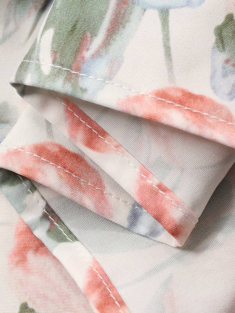 Young Girl Solid Color Round Neck Short Sleeve T-Shirt And Floral Print Ruffle Hem Skirt Casual Outfit