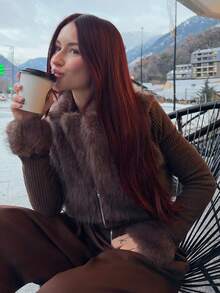 Abrilcols 时尚街头风格女士仿皮毛拉链长袖夹克 - 棕色 - 查看 6