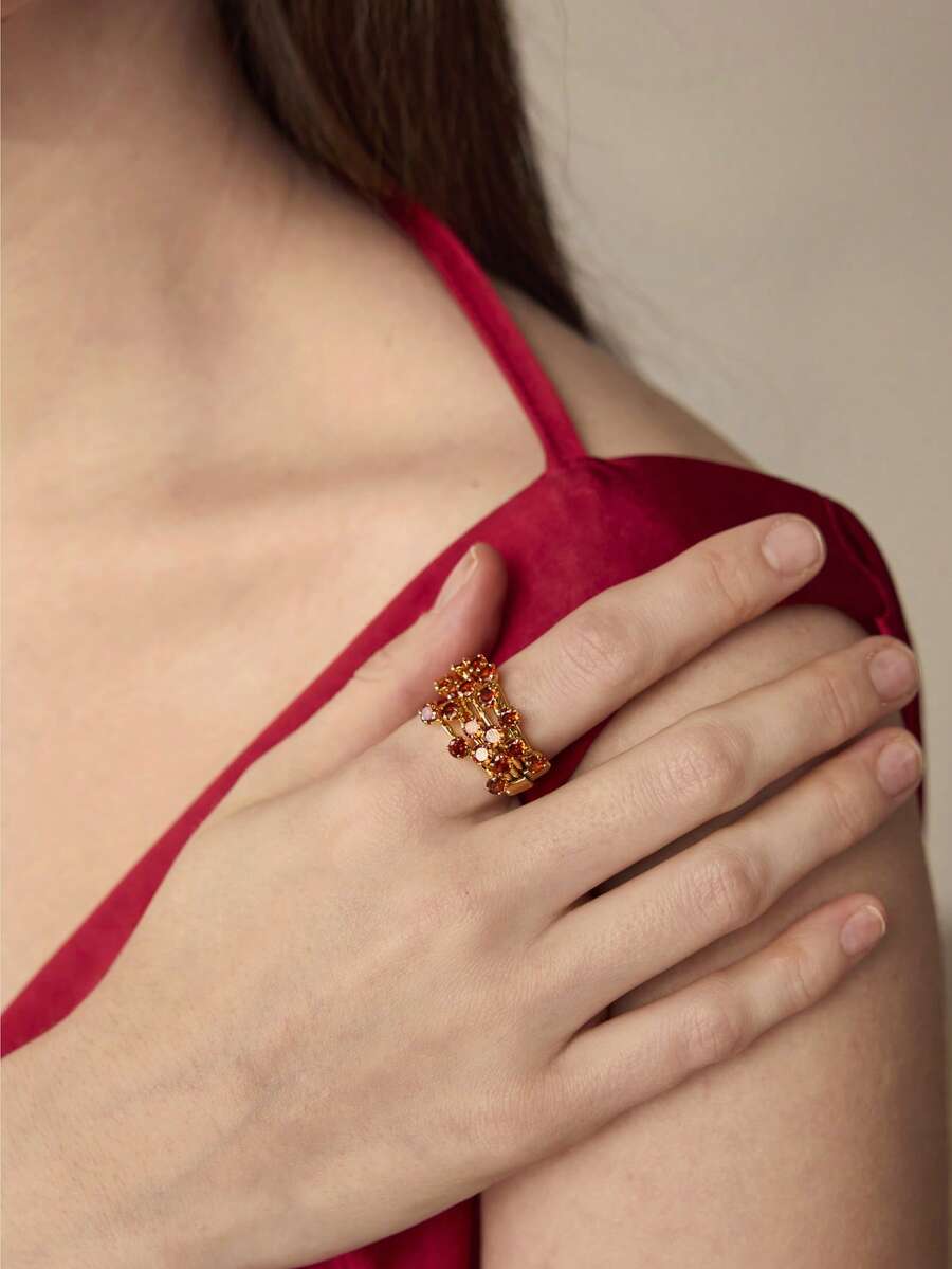 MOTF PREMIUM NHẪN CÁ NHÂN HÓA MẠ VÀNG 18K NHIỀU LỚP ĐÍNH ĐÁ QUÝ MÀU CAM - Vàng - Xem 2