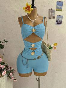 Soleia Vacation Outfits For Women Beach Outfits For Women Blue Women's Vacation White Knit Textured Metal Decor Fitted Jumpsuit, Suitable For Party, Date, Afternoon Tea, Music Festival, Beach Cruise, Summer Outfit - Green - View 1