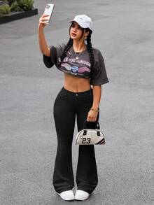 SHEIN PETITE 女士口袋纽扣休闲百搭日常喇叭牛仔裤 - 黑色 - 查看 6