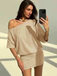 Aloruh Women's Minimalist Solid Color Asymmetric Neckline Batwing Sleeve Backless Dress ,Summer Dress - Beige - View 5
