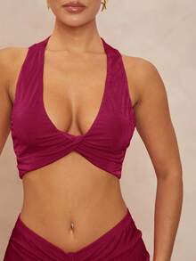 Lumalex Bộ 2 món đồ nữ dáng chữ U, dây xoắn, eo thấp, xếp ly, ôm sát cơ thể. - Màu Đỏ Sâu - Xem 4