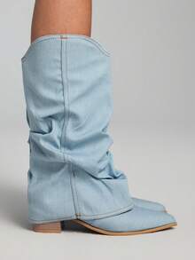 ROMWE Grunge Punk Fall/Winter 2025 New Western-Style Pointed Toe Stacked Knee-High Cowboy Boots For Women, Retro Flared Shaft High Heel Riding Boots - Light Blue - View 4