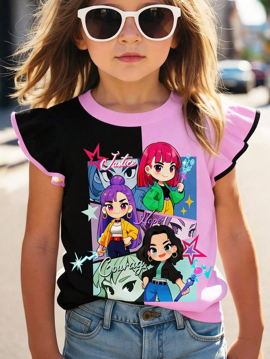 SHEIN Young Girl Casual Fashionable Cute Cap Sleeve Round Neck Top, Suitable For Spring/Summer - Multicolor - View 1