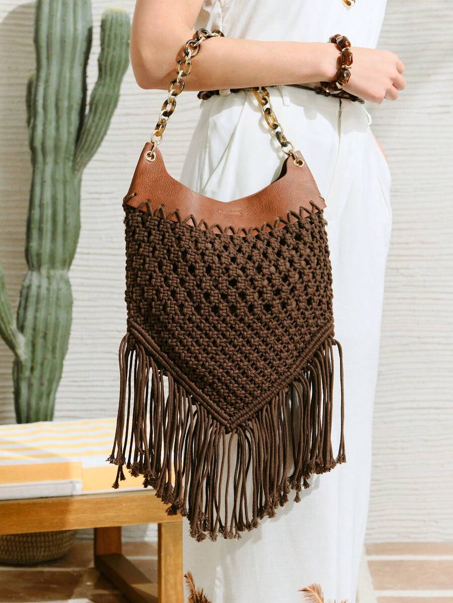 SHECARRY FASHION VACATION WOVEN TOTE BAG - Brown - View 1