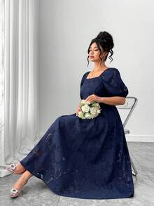 Elenzga Plus Size Women Elegant Square Neck Puff Sleeve Jacquard Cutwork Midi Dress - Navy Blue - View 8