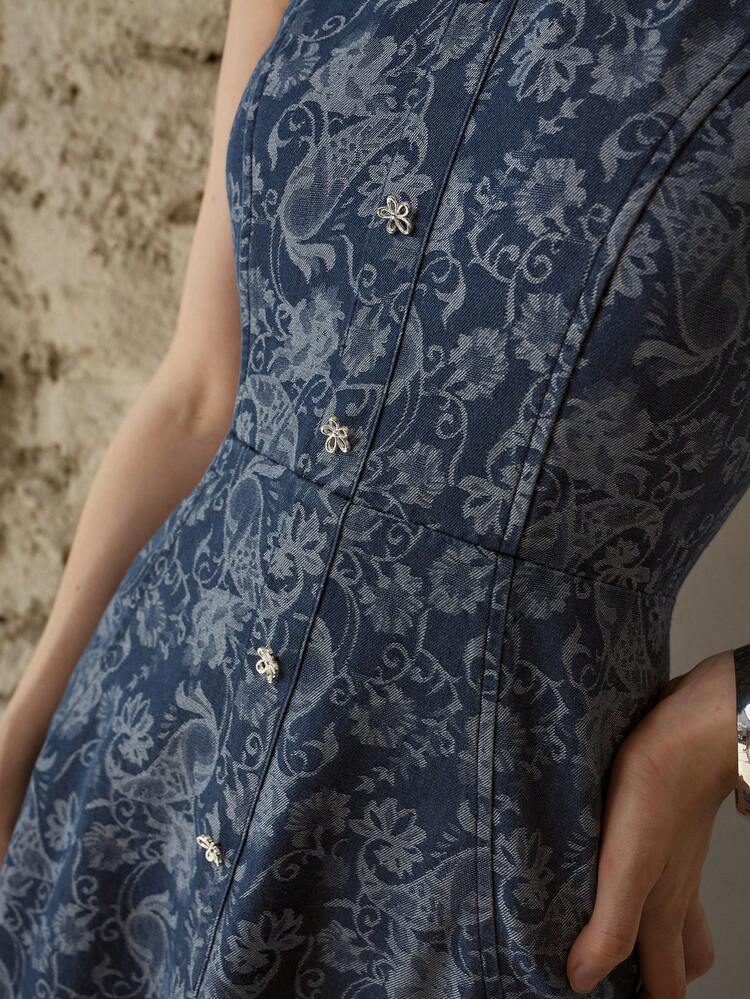 TEXTURED JACQUARD CINCHED WAIST DENIM DRESS