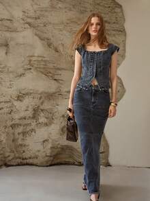 MOTF PREMIUM WOMEN'S ELEGANT MINIMALIST CAP SLEEVE DENIM TOP, SPRING - Blue - View 5