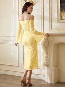 Vintamour 复古优雅女士针织提花蕾丝花朵网纱露肩修身连衣裙，适合假日派对、休闲夏季穿着，也可作为度假服装。白色连衣裙，夏季连衣裙，白色连衣裙，舞会礼服，生日礼服，婚礼宾客礼服，复活节春季连衣裙，夏季服装，春季套装，复活节礼服，生日套装，婚礼礼服，春假礼服 - 鵝黃色 - 查看 8