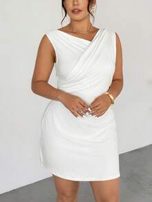 Firerie Plus Size Women's Elegant White Summer Dress, Minimalist Chic Party Daily Commute Vacation Asymmetric Neck Draped A-Line Mini Dress - White - View 4