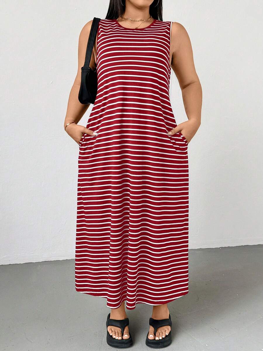 SHEIN Essnce 大码女式夏季连衣裙、女式夏季连衣裙、女式度假连衣裙、女式夏季连衣裙、毕业礼服、商务休闲女式连衣裙、女式办公连衣裙、毕业礼服、新款时尚休闲通勤装、条纹无袖带口袋连衣裙、长款连衣裙、A字连衣裙、黑白条纹连衣裙、休闲连衣裙 - 酒紅色 - 查看 1