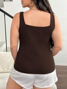 SHEIN Frenchy Women's Plus Size Solid Color Fishbone Press Line Camisole Summer Top - Brown - View 6