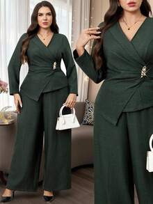 Modelyn Bộ 2 món thanh lịch dành cho nữ cỡ lớn, áo sơ mi dài tay nhún bèo kim loại và quần ống rộng - xanh quân đội - Xem 1
