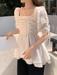 FRIFUL Women's Square Neck Pleated Ruffle Petal Sleeve Hem Patchwork Loose Casual Vacation Blouse - White - View 1