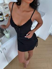 SHEIN Sexy Ribbed Fabric Ruffle Slit Cami Slip Dress, Comfortable For Outdoor Wear, Classic Ribbed Fabric - Black - View 3