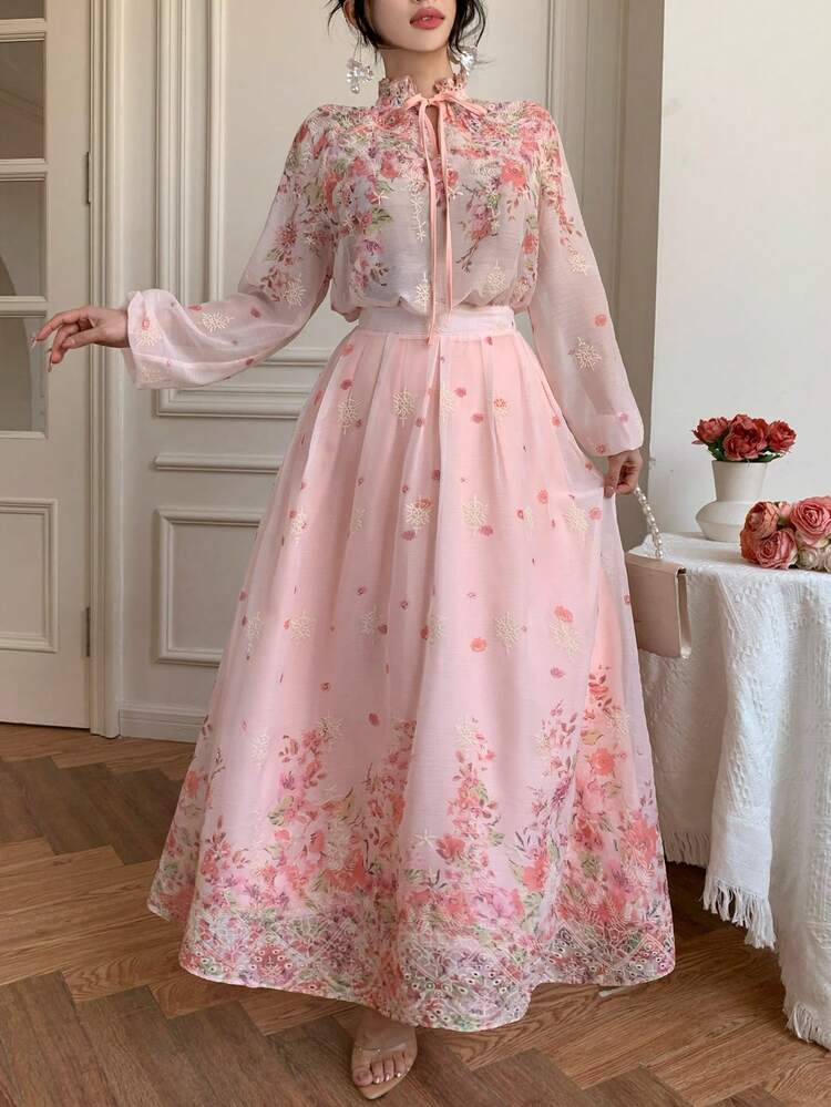 Spring & Summer Ditsy Floral Tie Neck Blouse And A-Line Skirt Set, Elegant For Valentine's Day, Wedding, Party, Formal Occasion, Fashion, Slim Fit