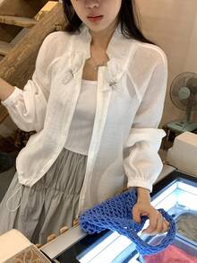 Livesso White High Neck Drawstring Loose Raglan Sleeve Women Casual Jacket, Suitable For Commuting, Office, Holiday, Easter Vacation, Spring & Summer - White - View 3