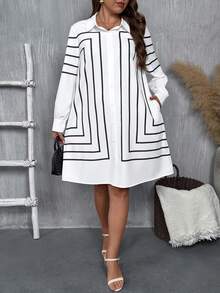 EMERY ROSE Damen Lässig Gestreiftes Hemdkleid in Große Größen - Weiss - Übersicht 5