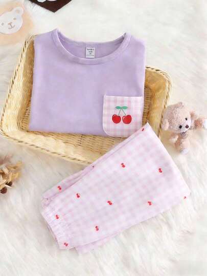 Young Girls Pajamas-2 Piece Pajama Set Spring To Summer Lavender Cherry Pocket Short Sleeve Long Sleeve Top Round Neck Long Pants Skirt Gingham Print Cute Sleepwear Nightwear For Toddlers Kids All Season Wear Holiday 2026 Essential Cozy Soft Stretchy Playtime Bedtime
