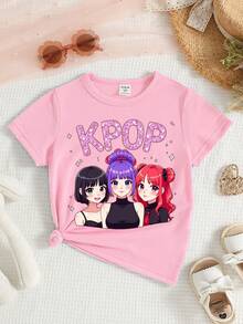 Camiseta corta básica casual para niñas jóvenes en primavera y verano, con estampado gráfico de personaje de grupo musical virtual, lema y diseño simple y fresco. Prenda cómoda y versátil para uso diario en primavera, verano y otoño. - Rosa - Ver 7