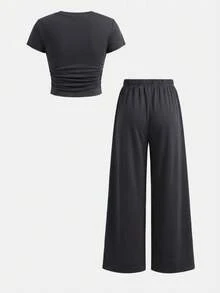 SHEIN 少女蝴蝶结印花T恤和打底裤两件套，休闲日常时尚百搭 - 深灰色 - 查看 11