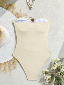 Swim Vcay 1 buah Baju Renang Terusan Tanpa Tali Motif Bintang Laut dan Kerang Berwarna Cokelat, Pakaian Liburan Elegan untuk Wanita - Krem - View 7