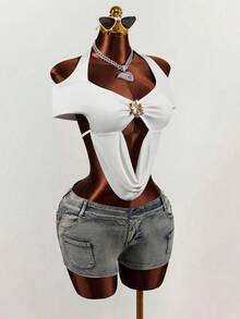 Mistrie Women's Sexy Deep V-Neck Fashion Ruched Designer Short-Sleeve Blouse - White - View 3