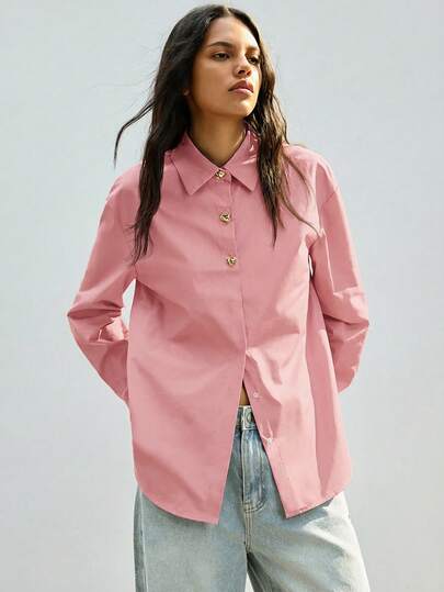 Maija 2025 Camisa suelta de mujer con botones metálicos de decoración de manga larga y cuello de solapa, adecuada para la transición a principios de otoño y la temporada de vuelta al colegio. Camisa rosa para mujer oversize con botones, blusa rosa con botones para mujer, camisa de cuello con botones rosa para mujer para el Día de San Patricio, Pascua, verano, fiestas, vacaciones en la playa