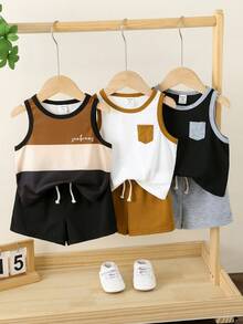 SHEIN 6pcs/Set Baby Boy Summer Casual Vacation Knit Cute Striped Vest & Elastic Waist Shorts Set, Basic Multi-Piece Outfit, Summer Vest Set - Multicolor - View 1