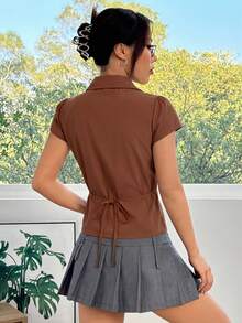 SHEIN EZwear 女士纯色翻领褶皱后背系带修身休闲/工作短袖衬衫 - 棕色 - 查看 2