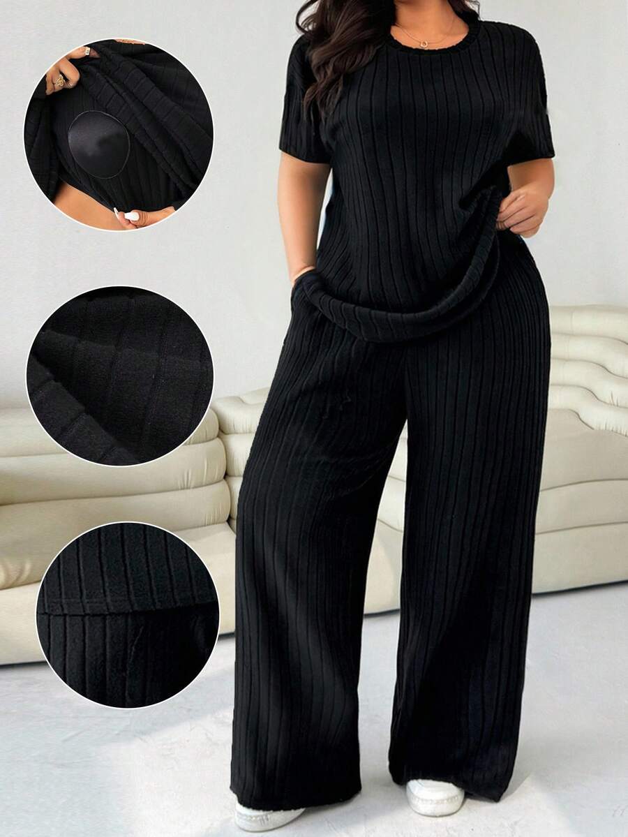 Solflare Plus Size Women's Casual Everyday Commute Simple Solid Color Ribbed Knit Short Sleeve Top And Wide Leg Pants 2 Pieces Set, Spring/Summer/Autumn - Black - View 1