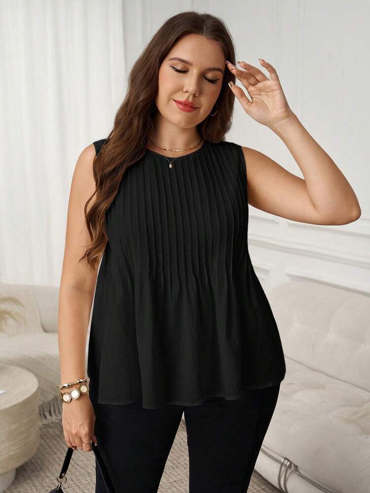 SHEIN LUNE Camiseta sin mangas casual y versátil con cuello redondo y pliegues, de unicolor, adecuada para el verano, talla grande - Negro - Añade 7