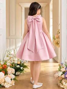 SHEIN Tween Girl Elegant Round Neck Sleeveless Bow Decor Puff Princess Dress Tween Girl - Dusty Pink - View 4
