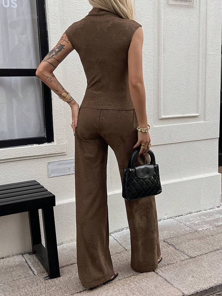 Women's Elegant Floral Print High Neck Asymmetric Vest And Wide Leg Pants 2-Piece Set, Spring/Summer,Wedding Guest Dress Women