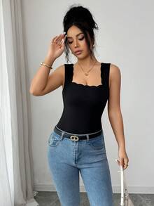 SHEIN Elenzya 女士黑色波浪下摆方领修身吊带背心，夏季百搭 - 黑色 - 查看 3