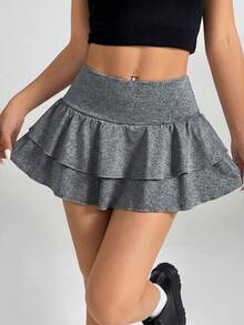 SHEIN PETITE Women's Double Layer Ruffle Hem A-Line Skirt Ruffled Skirt, Petite Women - Grey - View 4