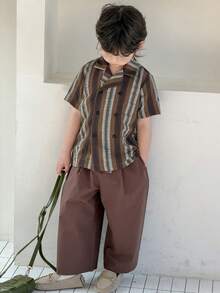 DAZY 男童条纹印花纽扣短袖休闲衬衫 - 棕色 - 查看 5