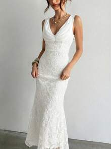 Aloruh Đầm maxi đuôi cá màu trắng thanh lịch, gợi cảm, hở lưng, chất liệu ren, thích hợp cho tiệc tùng, mùa xuân/hè. - trắng - Xem 5