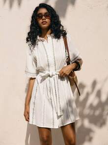 Poéselle 女士度假风拼接碎花休闲单排扣连衣裙 - 白色 - 查看 7